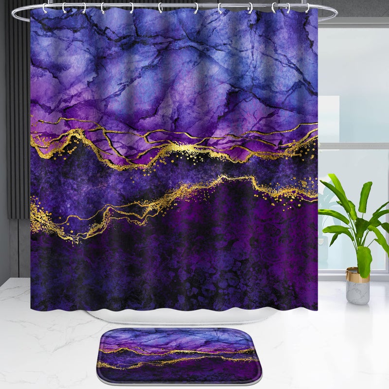 Poedist 4 Pcs Gold Edge Marble Bathroom Shower Curtain Set, Bathroom Sets with Shower Curtain and Rugs(Bath Mat,U Shape and Toilet Lid Cover Mat) and 12 Hooks-Purple - Image 2