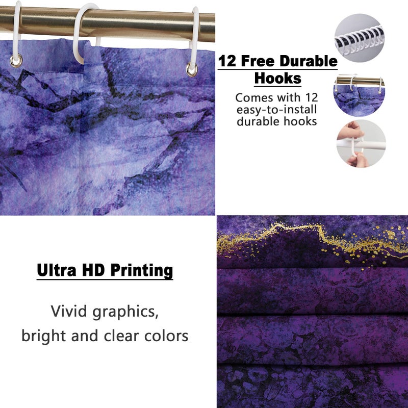 Poedist 4 Pcs Gold Edge Marble Bathroom Shower Curtain Set, Bathroom Sets with Shower Curtain and Rugs(Bath Mat,U Shape and Toilet Lid Cover Mat) and 12 Hooks-Purple - Image 3