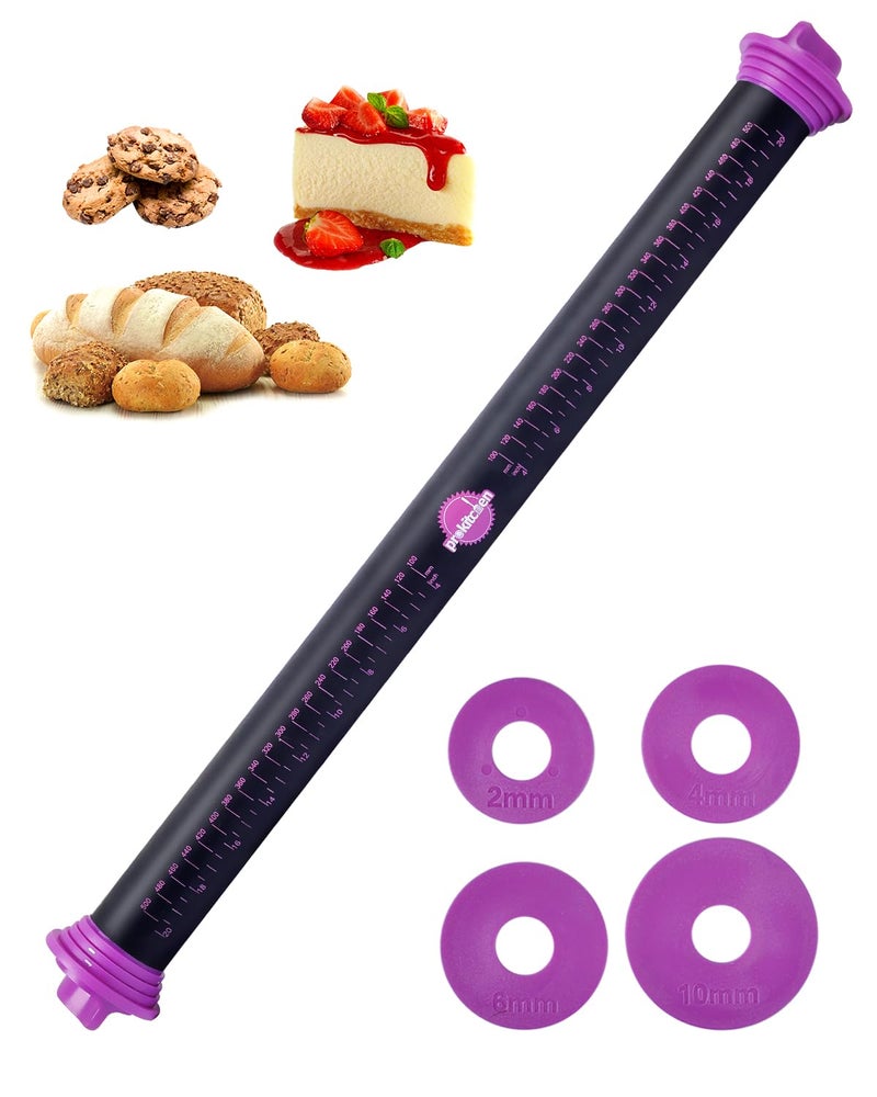 PROKITCHEN Silicone Rolling Pin with Thickness Rings Adjustable Designs for Fondant Cookie Decorating Pasta Pizza 236 inch Purple Large Long Pin
