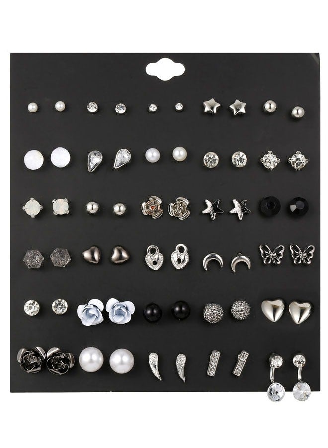 وهاواي 30 Pairs Assorted Multiple Tiny Stud Earrings Set for Women Stainless Steel Flower Moon Heart Geometric CZ Ball Faux Pearl Big Hoop Earrings Cartilage Helix Ear Piercing - Image 1