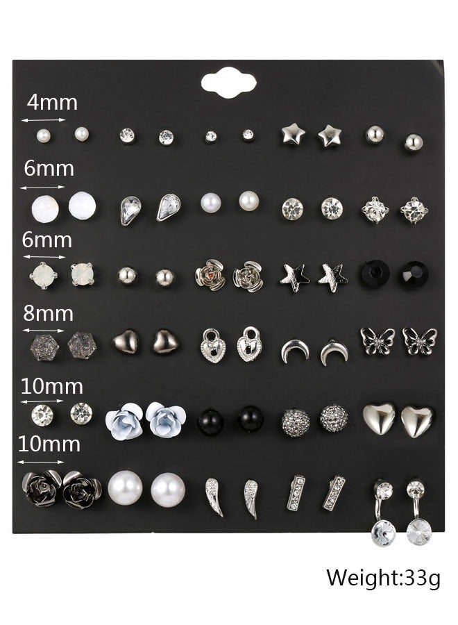 وهاواي 30 Pairs Assorted Multiple Tiny Stud Earrings Set for Women Stainless Steel Flower Moon Heart Geometric CZ Ball Faux Pearl Big Hoop Earrings Cartilage Helix Ear Piercing - Image 2