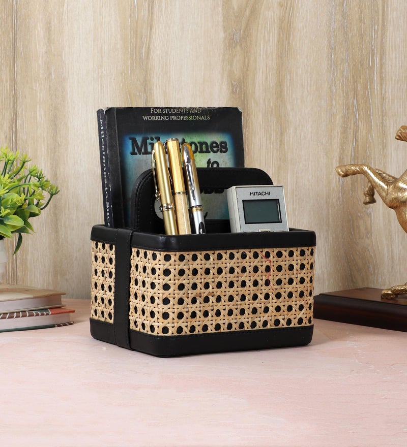 AKWAY Wicker Spoon Stand for Dining Table Chammach Stand | Wooden cutlery holder | Kitchen rack Café resto-bar tableware keeping spoons, forks, knives, tissue paper (7.5" W x 7.5" L x 5" H) (Black) - Image 1