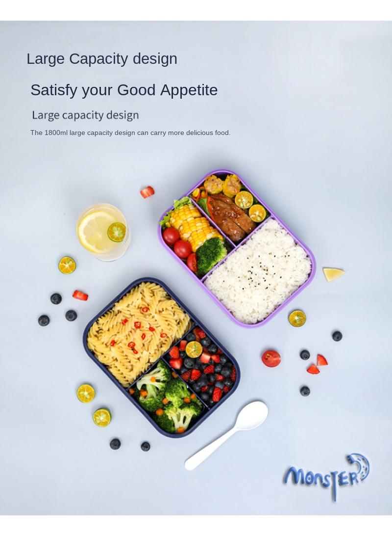 Monster Lunch box 3 cells with spoon 1800ML dark blue white - Image 3