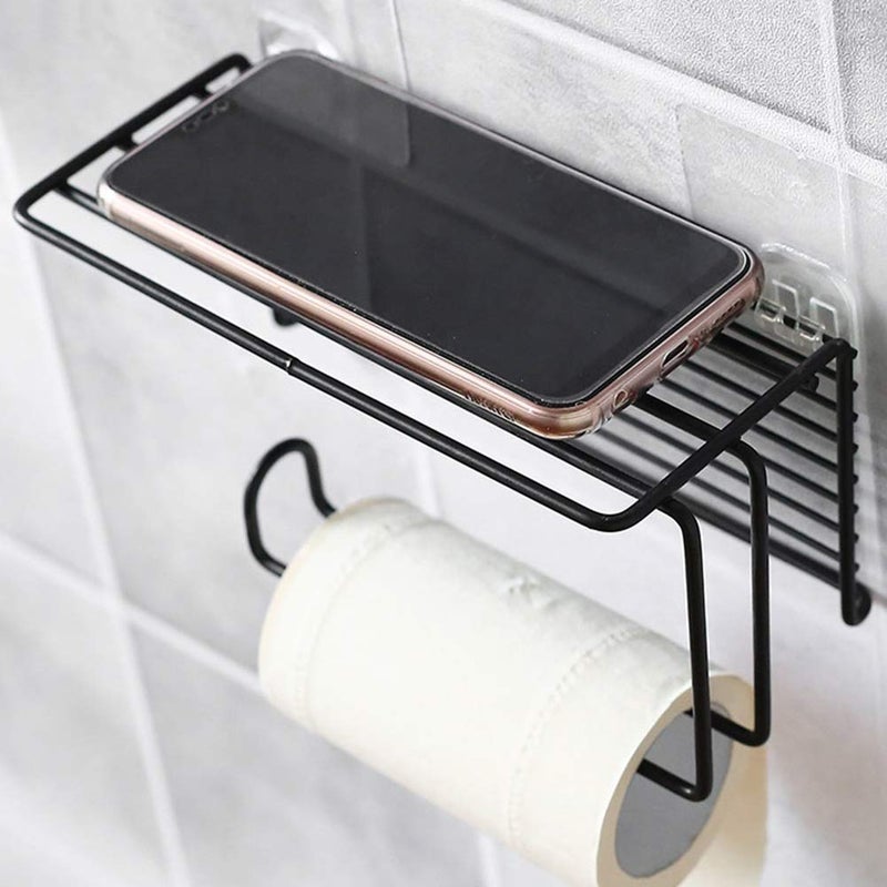 SEMITO Metal Black Coated Self Adhesive Wall Mounted Tissue/Toilet Paper Holder Storage with Shelf for Mobile etc. Pack of 1 - Image 1