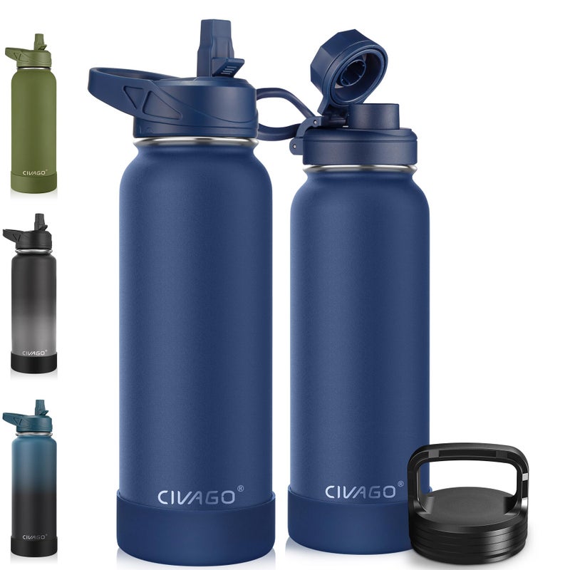 CIVAGO 40 oz Insulated Water Bottle With Straw Stainless Steel Sports Water Cup Flask with 3 Lids Straw Spout and Handle Lid Double Walled Travel Thermal Canteen Mug Navy Blue