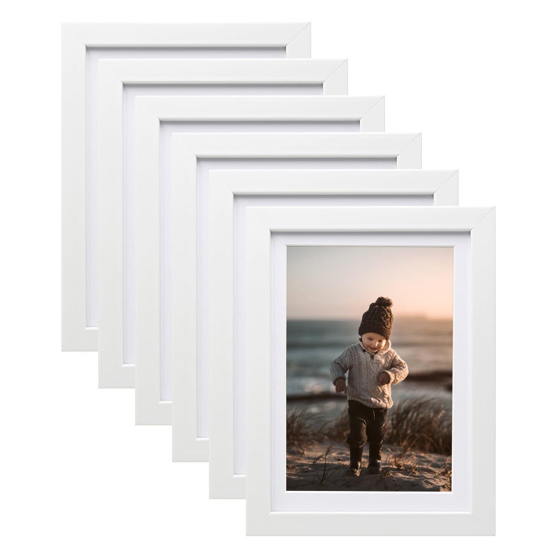KINLINK 5x7 Picture Frames White  Photo Frames with Plexiglass for Picture 4x6 with Mat or 5x7 without Mat  Composite Wood Picture Frames for Table Top and Wall Mounting  Set of 6 - Image 1