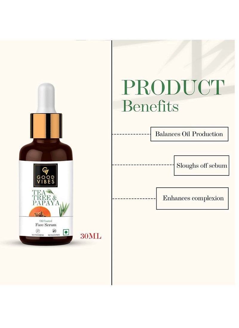 Good Vibes - Good Vibes Tea Tree & Papaya Oil Control Face Serum, 30 ml Light Weight Absorbs Quickly Clarifying Formula For Oily Skin Type, Helps Reduce Acne & Blemishes Naturally, No Parabens, No Animal Testing - Image 1