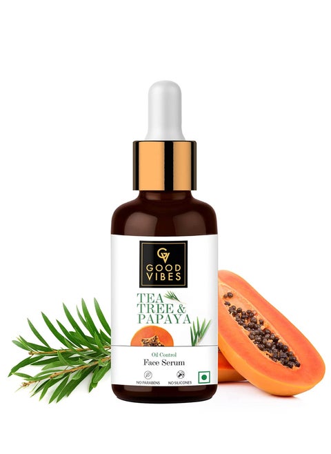 Good Vibes Tea Tree & Papaya Oil Control Face Serum, 30 ml Light Weight Absorbs Quickly Clarifying Formula For Oily Skin Type, Helps Reduce Acne & Blemishes Naturally, No Parabens, No Animal Testing