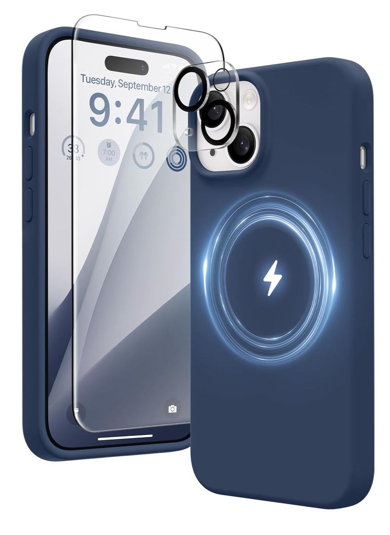 Raxoom 5 in 1 for iPhone 15 Case Magnetic, Compatible with Magsafe, with 2X[Screen Protectors + Camera Lens Proctetors], Slim Full Body Case, Skin-Like Silicone Phone Case 6.1",Dark Blue - Image 1