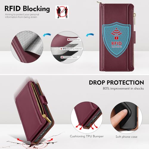 Antsturdy Compatible with iPhone 12 mini Wallet Case,RFID Blocking PU Leather Phone Case Women Men Kickstand Flip Cover Wrist Strap Zipper Credit Card Holder Slots,for Apple 12 mini,Wine Red - Image 4