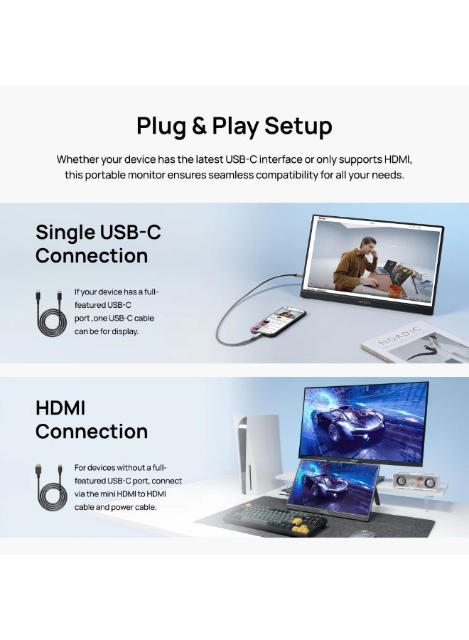 ترقية التكنولوجيا المبتكرة شاشة محمولة مقاس 15.6 بوصة بدقة FHD 1080P، بتقنية IPS، مزودة بمنفذ USB‑C ومنفذ HDMI صغير، شاشة خارجية ثانية للكمبيوتر المحمول بنظام Mac، والكمبيوتر الشخصي، ووحدة التحكم Switch، وجهاز Xbox، وPS4/5. - Image 5