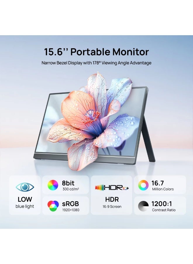 ترقية التكنولوجيا المبتكرة شاشة محمولة مقاس 15.6 بوصة بدقة FHD 1080P، بتقنية IPS، مزودة بمنفذ USB‑C ومنفذ HDMI صغير، شاشة خارجية ثانية للكمبيوتر المحمول بنظام Mac، والكمبيوتر الشخصي، ووحدة التحكم Switch، وجهاز Xbox، وPS4/5. - Image 3
