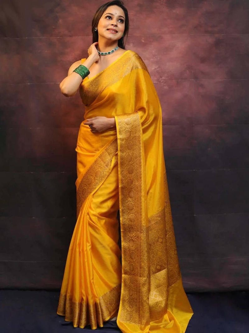 Vivatra Women Banarasi Soft Silk Saree | Jacquard Weaving with Rich Pallu & Border | Includ Matching Utitched Blouse Piece (VT-KP-6009-Yallow) - Image 5