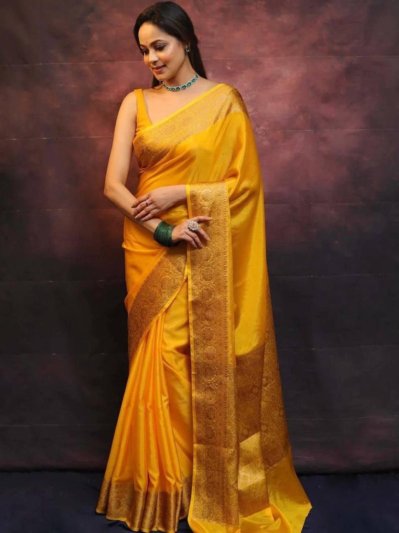 Vivatra Women Banarasi Soft Silk Saree | Jacquard Weaving with Rich Pallu & Border | Includ Matching Utitched Blouse Piece (VT-KP-6009-Yallow) - Image 3