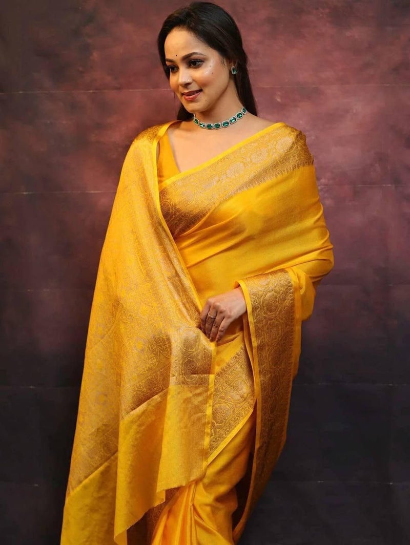 Vivatra Women Banarasi Soft Silk Saree | Jacquard Weaving with Rich Pallu & Border | Includ Matching Utitched Blouse Piece (VT-KP-6009-Yallow) - Image 4