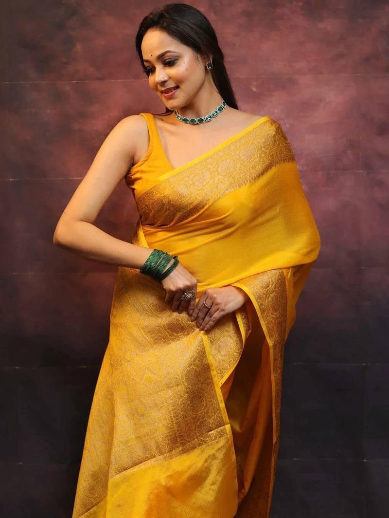 Vivatra Women Banarasi Soft Silk Saree | Jacquard Weaving with Rich Pallu & Border | Includ Matching Utitched Blouse Piece (VT-KP-6009-Yallow) - Image 2