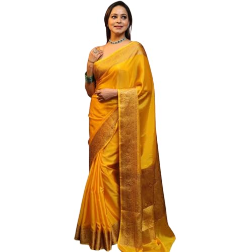 Vivatra Women Banarasi Soft Silk Saree | Jacquard Weaving with Rich Pallu & Border | Includ Matching Utitched Blouse Piece (VT-KP-6009-Yallow) - Image 1