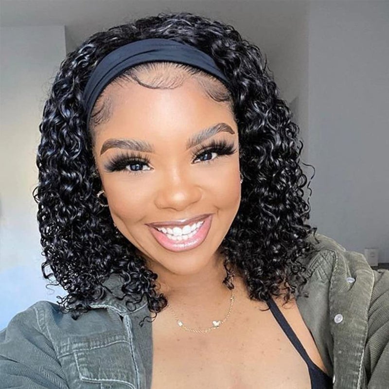 AISI Headband Wig Human Hair Curly Wigs for Black Women Brazilian None Lace Front Wigs 150 Density Natural Black Headband Wigs Glueless Wig with Elastic Band for Beginners 10 Inch