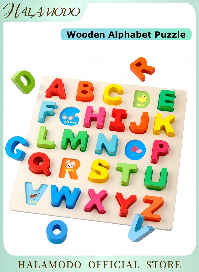 HALAMODO Wooden Alphabet Puzzle ABC Letters Sorting Board Blocks Montessori Matching Game Jigsaw Educational Early Learning Toy Gift for Preschool Year Old Kids - Image 1