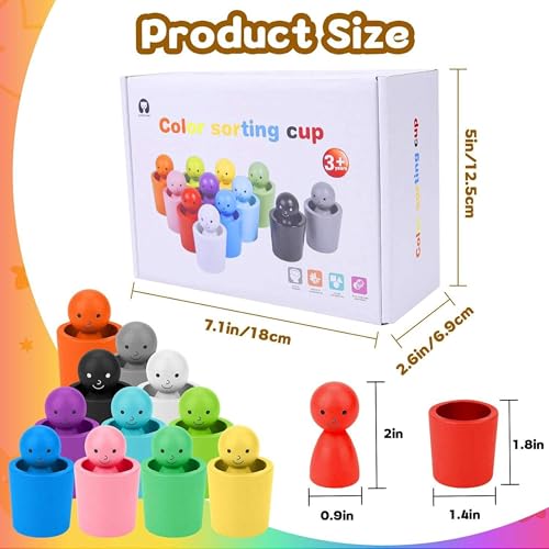 RITHVI STORE Color Sorting Cups Toy for Toddlers | 12 Wooden Matching Dolls with Cups | Montessori Stacking & Color Recognition Game | Educational Preschool Learning Toy for Kids 3+ Years - Image 3
