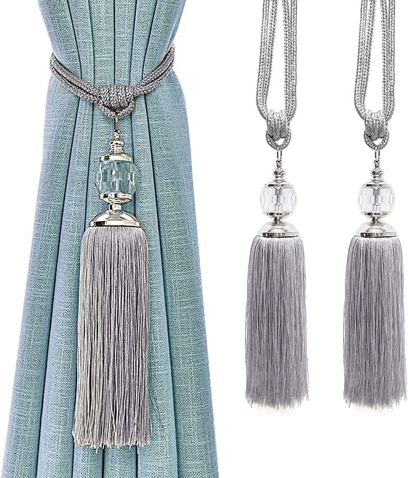 KOLAKO Curtain Tiebacks Rope Tassel TieBacks Curtain Holdbacks Silver for Drapes Decorative Drapery Crystal Holdback Tie Backs Handmade Curtain Holder 2 Pack - Image 1