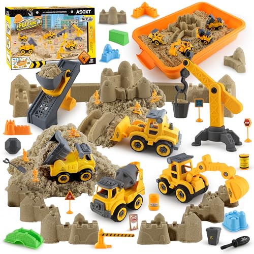 Asoxt 43Piece Construction Sensory Playset 2 lbs Play Sand 4 DIY Trucks Crane Road Signs Creative Sandbox Toy for Kids Ages 3 - Image 1