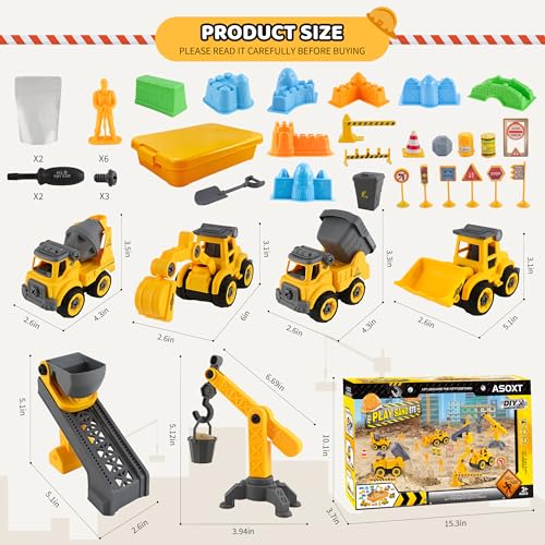 Asoxt 43Piece Construction Sensory Playset 2 lbs Play Sand 4 DIY Trucks Crane Road Signs Creative Sandbox Toy for Kids Ages 3 - Image 5