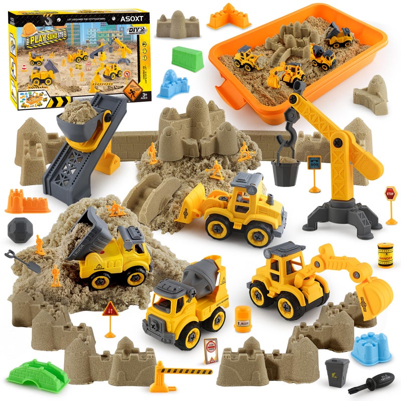Asoxt 43Piece Construction Sensory Playset 2 lbs Play Sand 4 DIY Trucks Crane Road Signs Creative Sandbox Toy for Kids Ages 3 - Image 2