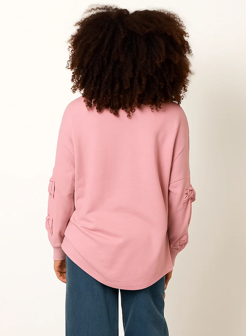 Blue Vanilla Loop Back Sweat Bow Sleeve Raw Edge V Neck Top