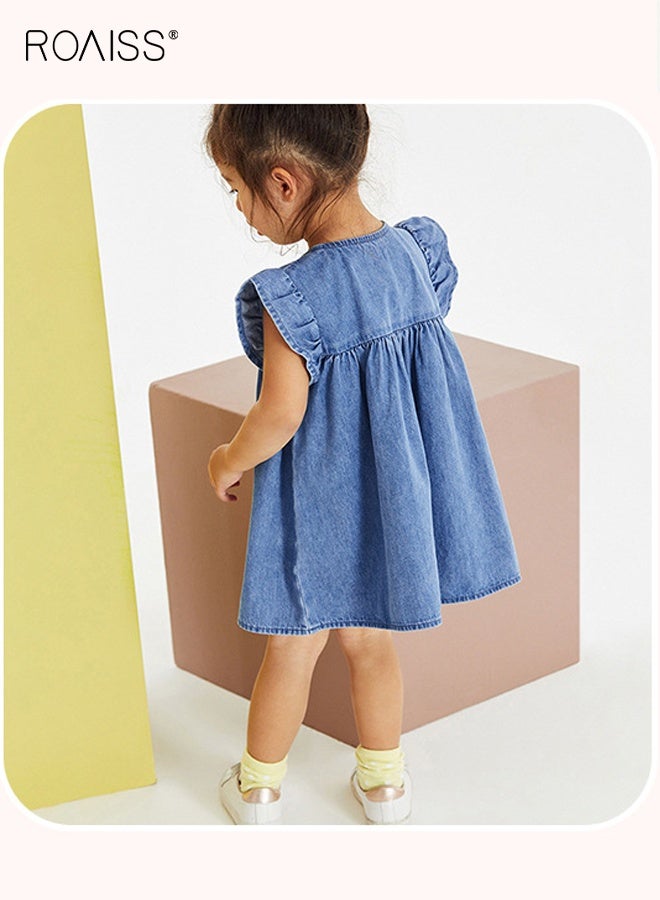 رويس فستان صيفي للبنات بنقوش رائعة وتصميم بأزرار، فستان جينز بأكمام مكشكشة، فستان كشكش بأكمام مكشكشة، فستان كاجوال أنيق للبنات الصغيرات، مناسب للارتداء اليومي أو في أي مناسبة - Image 3