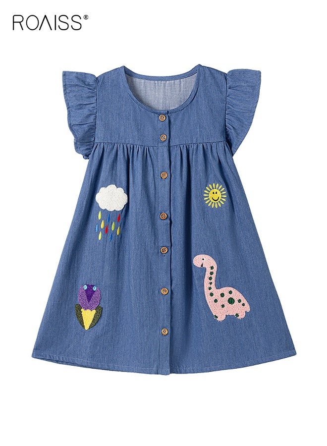 رويس فستان صيفي للبنات بنقوش رائعة وتصميم بأزرار، فستان جينز بأكمام مكشكشة، فستان كشكش بأكمام مكشكشة، فستان كاجوال أنيق للبنات الصغيرات، مناسب للارتداء اليومي أو في أي مناسبة - Image 1