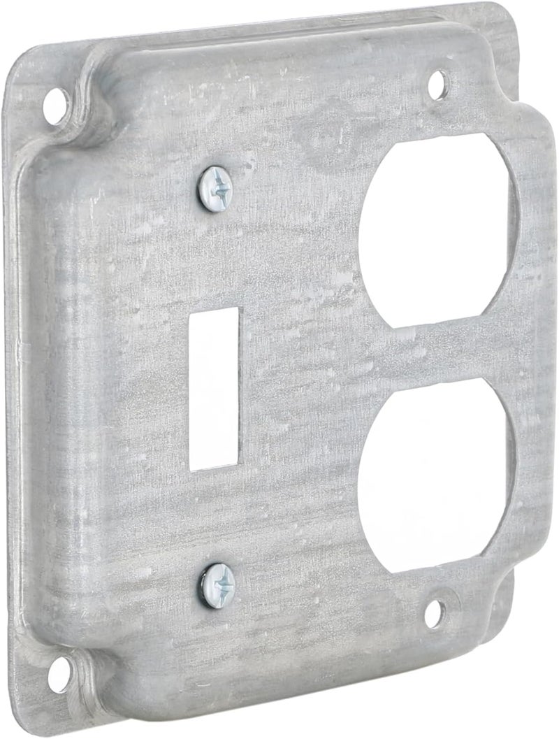 RACO Hubbell- 906C 1 Duplex Receptacle and Toggle Switch 4-Inch Square Exposed Work Cover, Steel - Image 1