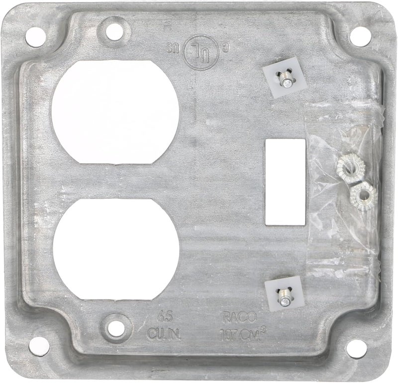 RACO Hubbell- 906C 1 Duplex Receptacle and Toggle Switch 4-Inch Square Exposed Work Cover, Steel - Image 4