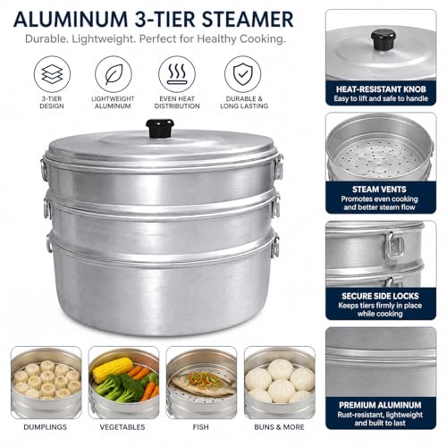 KC Aluminium Momos Steamer 3 Tier Capacity 3 Liters Diameter 8 Inches Silver - Image 3