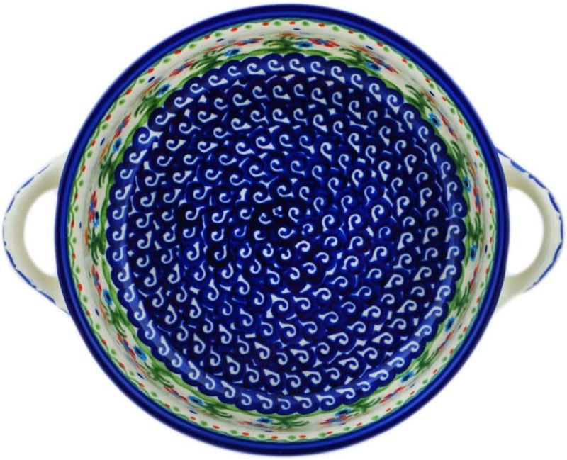 Polmedia Polish Pottery طبق خبز دائري من الفخار البولندي الأصيل مع مقابض بتصميم زهور الربيع مصنوع يدويًا في بولسوافياك بولندا بواسطة سيراميكا بونا شهادة الأصالة - Image 2
