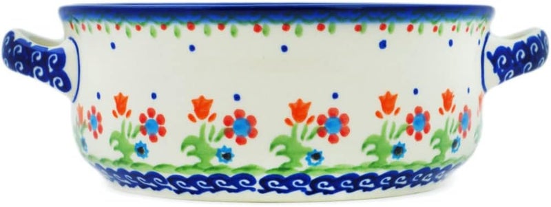 Polmedia Polish Pottery طبق خبز دائري من الفخار البولندي الأصيل مع مقابض بتصميم زهور الربيع مصنوع يدويًا في بولسوافياك بولندا بواسطة سيراميكا بونا شهادة الأصالة - Image 3