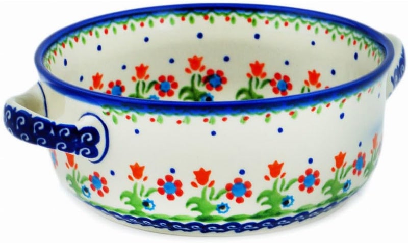 Polmedia Polish Pottery طبق خبز دائري من الفخار البولندي الأصيل مع مقابض بتصميم زهور الربيع مصنوع يدويًا في بولسوافياك بولندا بواسطة سيراميكا بونا شهادة الأصالة - Image 1