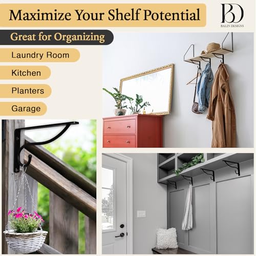 Balin Designs Closet Rod Bracket, 10 Inch – 12 Inch Hook Shelf Brackets Heavy Duty Wall Mounted, Black Closet Rod Support Brackets for Curtains, Hanging Hook Kitchen, Garage Shelf Supports (4 Pack) - Image 4