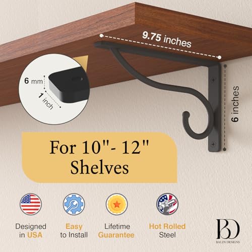 Balin Designs Closet Rod Bracket, 10 Inch – 12 Inch Hook Shelf Brackets Heavy Duty Wall Mounted, Black Closet Rod Support Brackets for Curtains, Hanging Hook Kitchen, Garage Shelf Supports (4 Pack) - Image 2