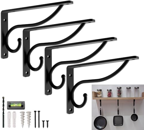 Balin Designs Closet Rod Bracket, 10 Inch – 12 Inch Hook Shelf Brackets Heavy Duty Wall Mounted, Black Closet Rod Support Brackets for Curtains, Hanging Hook Kitchen, Garage Shelf Supports (4 Pack) - Image 1