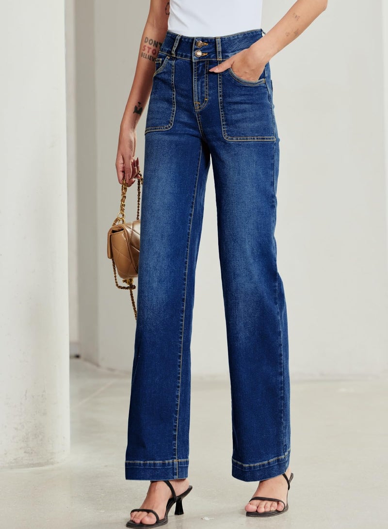 Sidefeel Women's Wide Leg Jeans High Waisted Stretchy Tummy Control Denim Pants Spring Outfits Bluing Size 6 - Image 3
