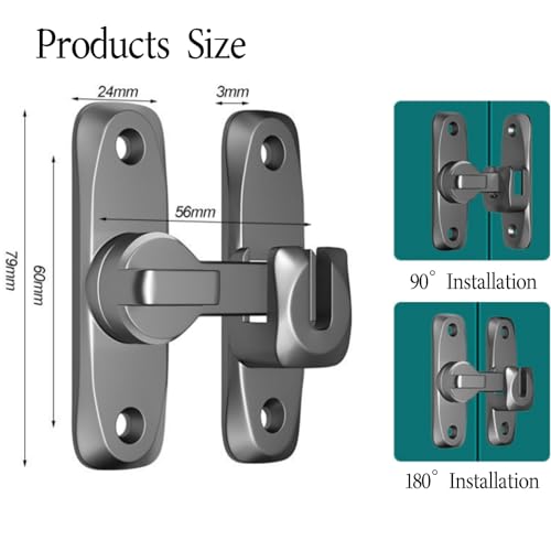 Funnytek Barn Door Lock 90/180 Degree Door Latch Lock Safety Zinc Alloy Sliding Door Latch Lock Gate Lock Door Security Locking Latch for Cabinets, Bathroom, Garage, Window (Gray) - Image 2