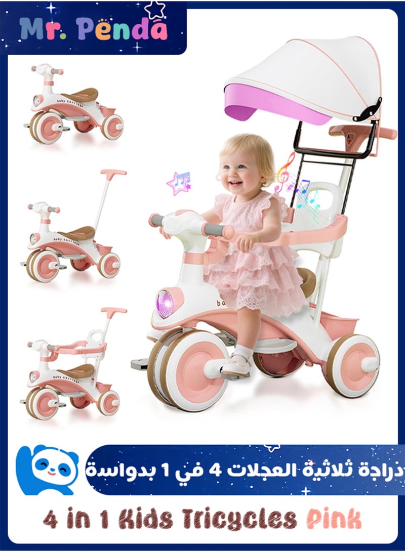 Mr. Penda 4 in 1 Kids Tricycles, Children Pedal Tricycle with Push Handle, Adjustable Push Handle, Music, Lamplight, Storage Basket and Safe Design for Boys and Girls 1-6 Year Old (Pink) - Image 1