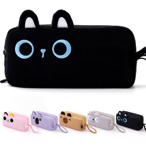 CICIMELON Cartoon Pencil Case Large Capacity Pen Pouch with Embroidered Animal Design School Supplies Bag for Kids Teens Students Black Cat