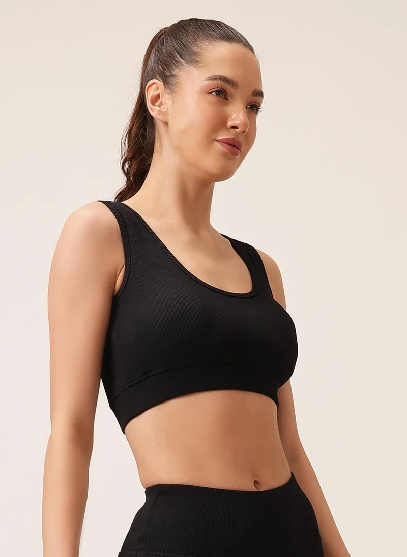 كلوفيا Clovia Medium Impact Ribbed Sports Bra in Black with Removable Cups