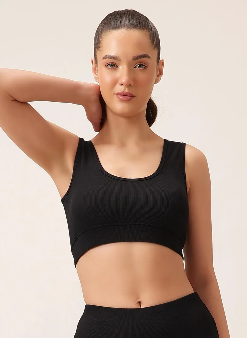 كلوفيا Clovia Medium Impact Ribbed Sports Bra in Black with Removable Cups