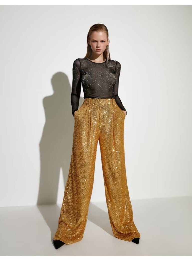 KOTON Sequined Palazzo Trousers with Pockets - Image 2