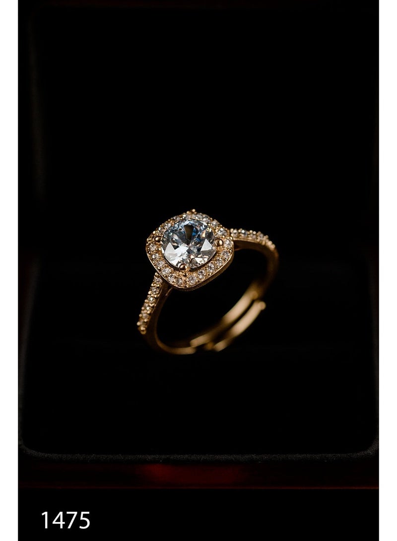 3Diamonds Gold-Plated Halo Ring with Round-Cut Center Stone – Adjustable & Elegant - Image 1