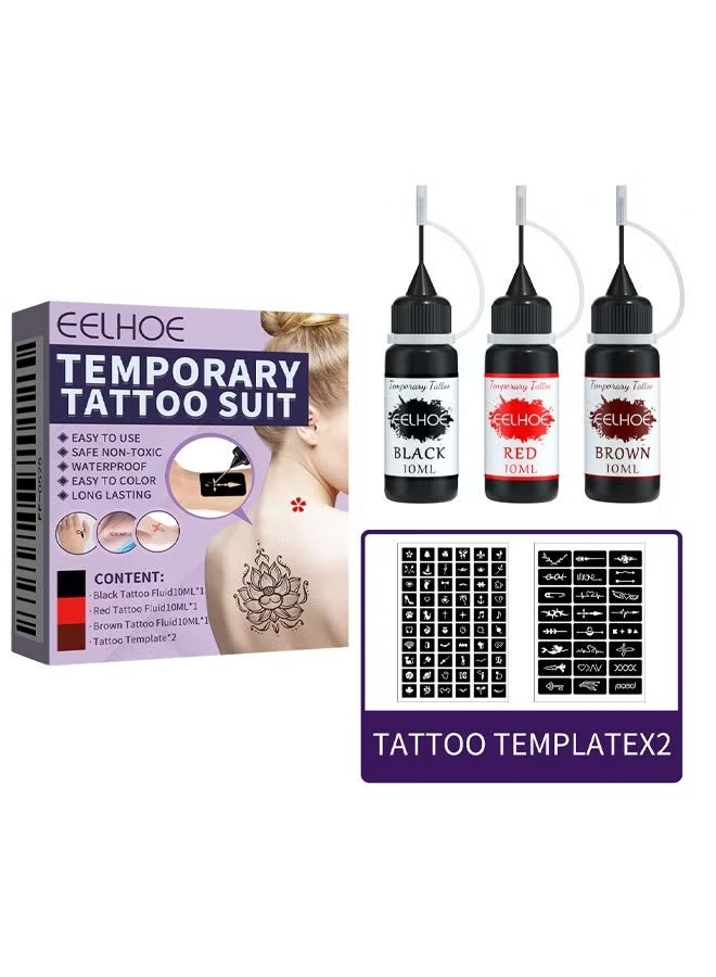 EELHOE Temporary Tattoo Suit, With 84 Pieces Self-Adhesive Tattoo Template Set, Temporary Tattoo Ink 3 Bottles, 3 Colors For Art Drawing Women Men Kids DIY Art Painting - Image 1