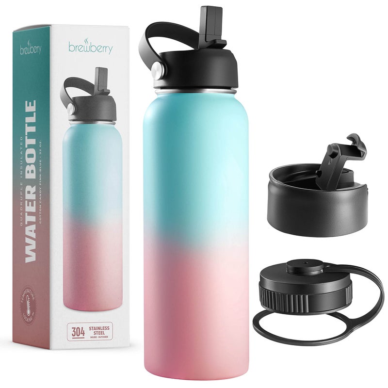 Brewberry Stainless Steel Insulated Water Bottle and Travel Mug for Hot and Cold Beverages Wide Mouth Double Wall Insulated Hydration Sports Water Bottle for Hiking Biking Outdoor 32 OZ BPA Free